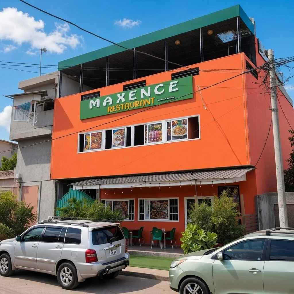 La façade orange du restaurant Maxence, ses plantes et sa terrasse